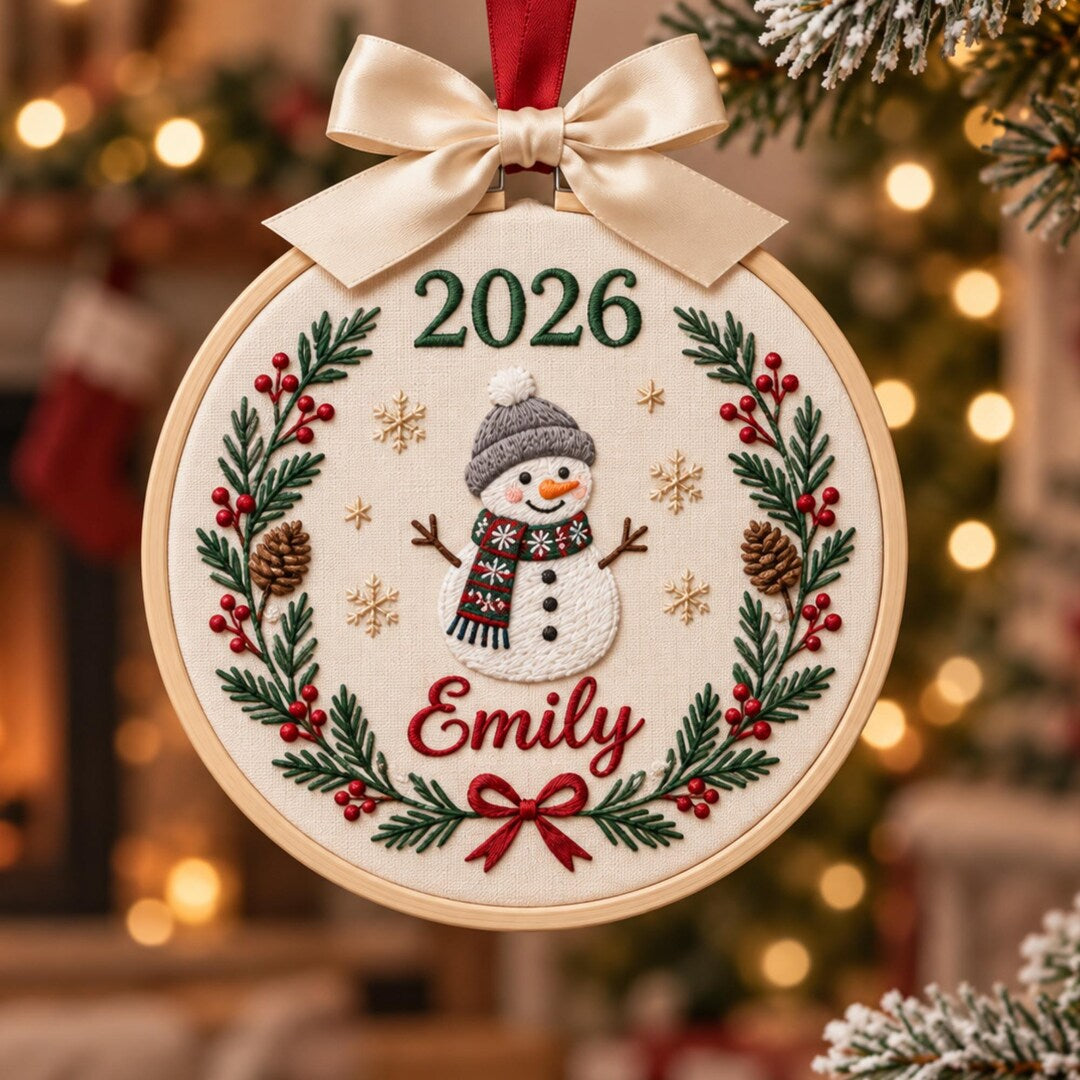 Personalized Snowman Christmas Wreath Holly Berries Pine Cones 2026 Embroidered Ornament — Christmas ornament