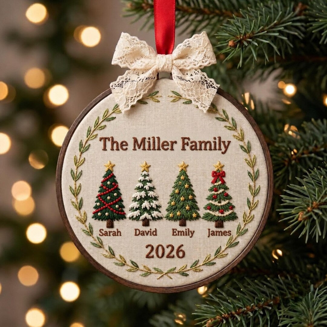 Personalized Family Christmas Trees Custom Names Year 2026 Embroidered Ornament — Christmas ornament