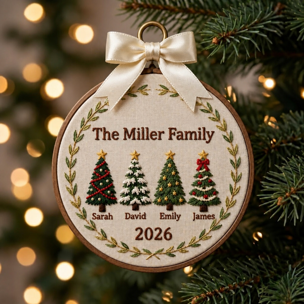 Personalized Family Christmas Trees Custom Names Year 2026 Embroidered Ornament