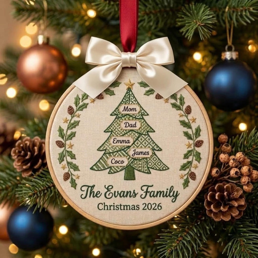 Personalized Family Christmas Tree Custom Names Vintage Wreath Embroidered Ornament — Christmas ornament