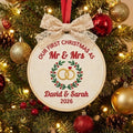 Personalized Our First Christmas Mr & Mrs Wedding Rings Wreath Couple Embroidered Ornament — Christmas ornament