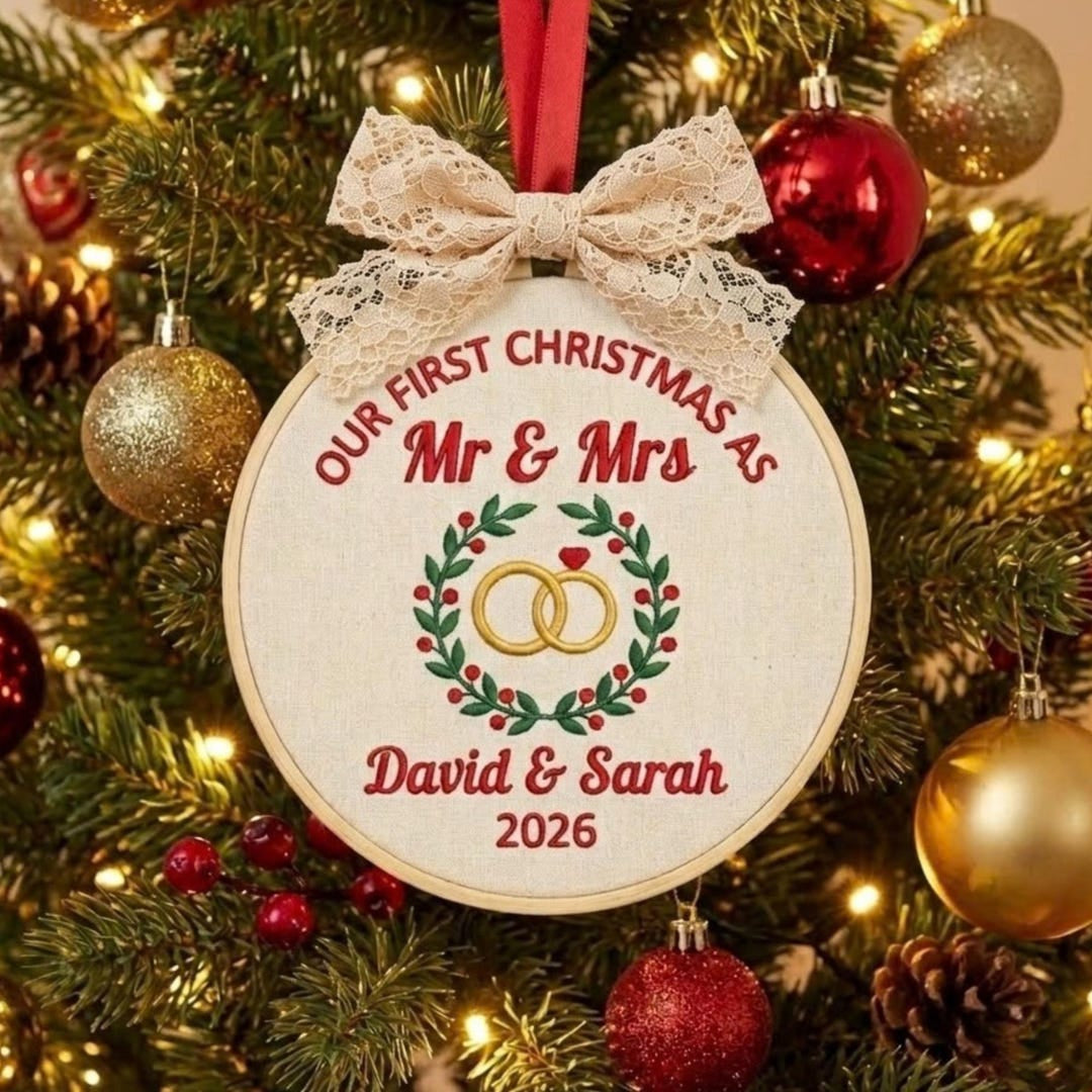 Personalized Our First Christmas Mr & Mrs Wedding Rings Wreath Couple Embroidered Ornament — Christmas ornament