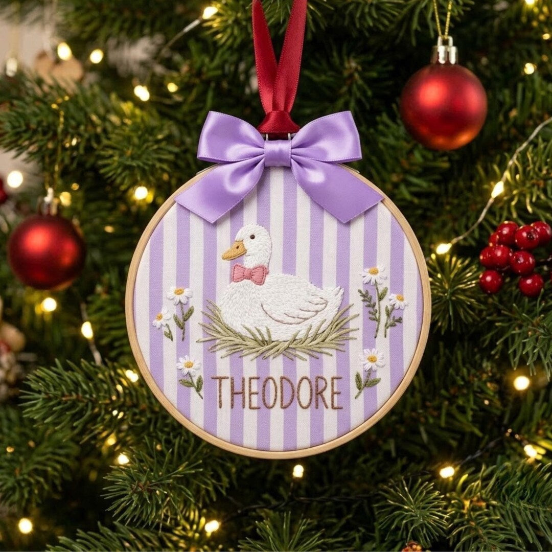 Personalized Duck Floral Nest Bow Christmas Embroidered Ornament — Christmas ornament
