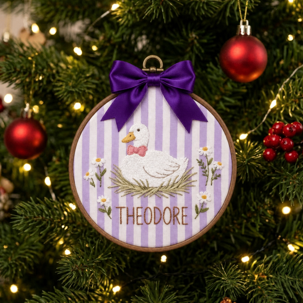 Personalized Duck Floral Nest Bow Christmas Embroidered Ornament