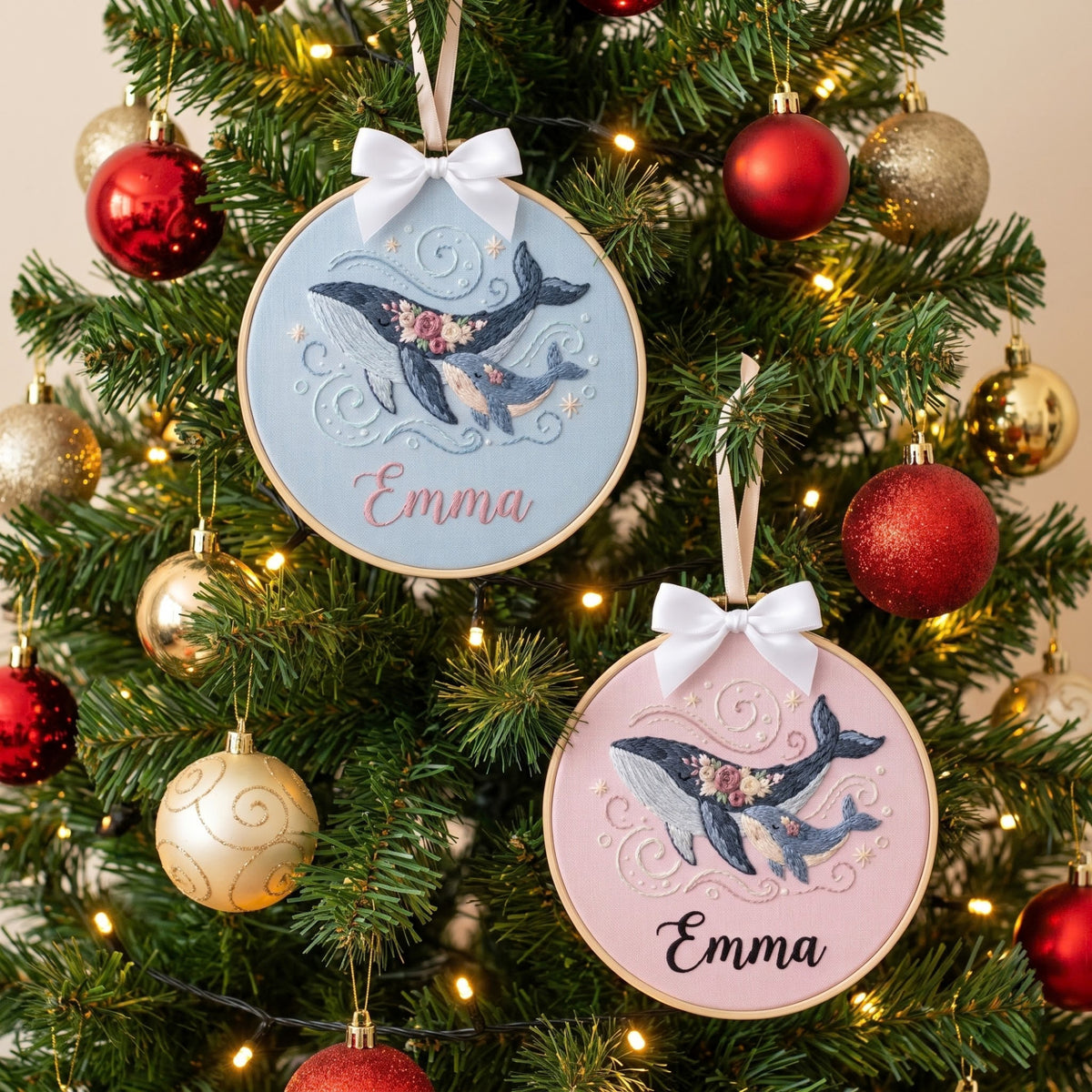 Personalized Humpback Whale Mom Baby Floral Christmas Embroidered Ornament — Christmas ornament