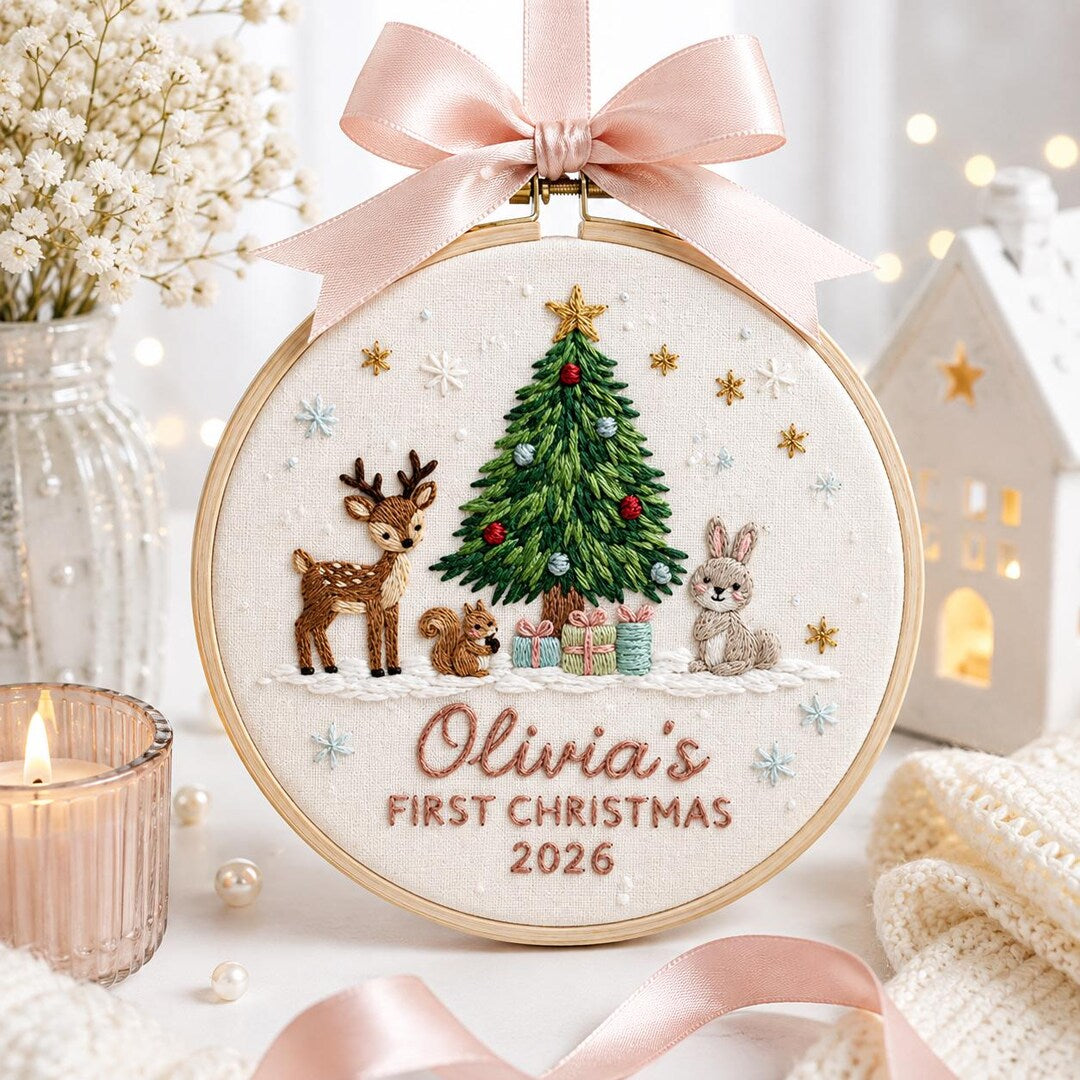 Personalized Baby's First Christmas Deer Squirrel Bunny Woodland Tree 2026 Embroidered Ornament — Christmas ornament