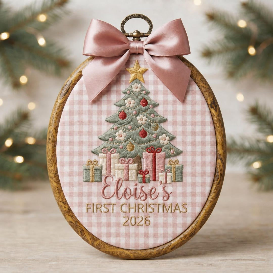 Personalized Baby First Christmas Tree Gifts Pink Gingham Coquette Bow Name Year Embroidered Ornament — Christmas ornament
