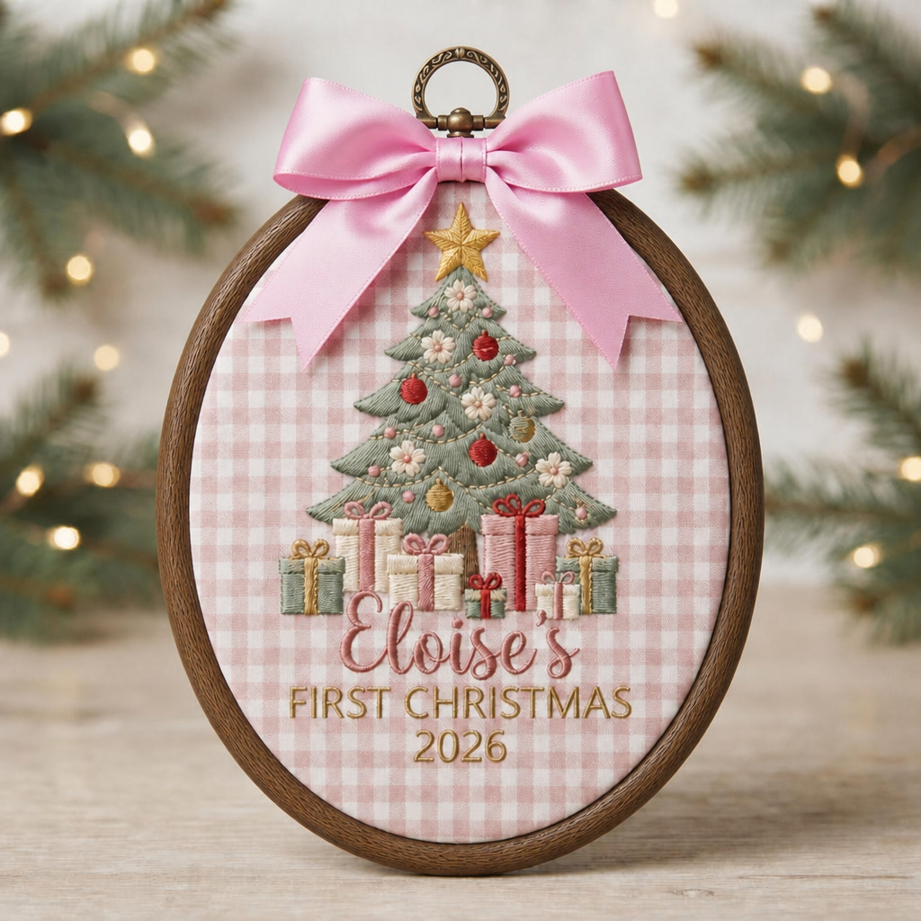 Personalized Baby First Christmas Tree Gifts Pink Gingham Coquette Bow Name Year Embroidered Ornament