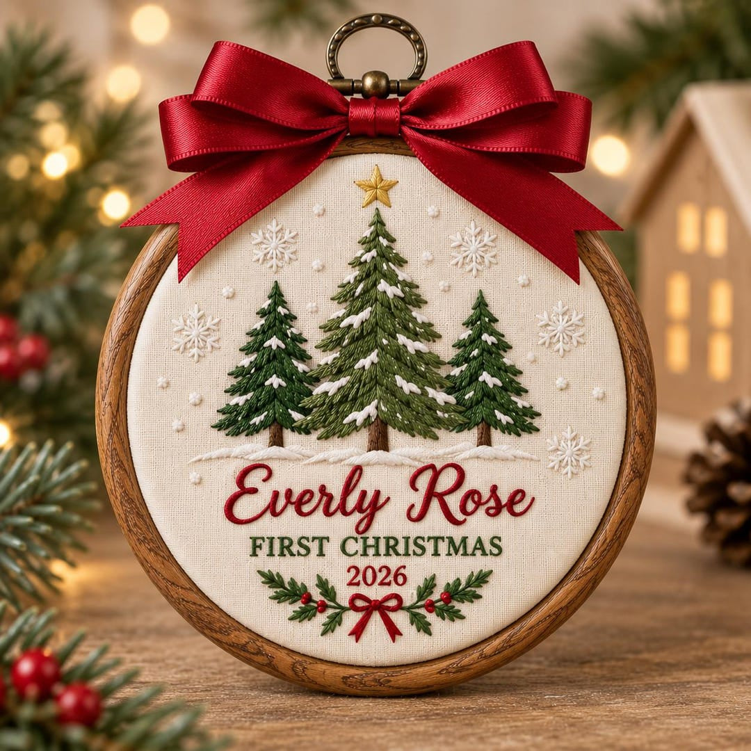 Personalized Baby First Christmas Pine Trees Snow Name Year Embroidered Ornament — Christmas ornament