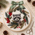 Raccoon Christmas Wreath Pine Berries Pinecone Snowflake Embroidered Ornament — Christmas ornament