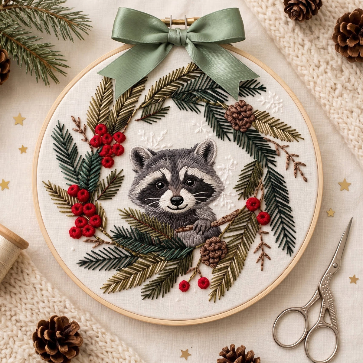 Raccoon Christmas Wreath Pine Berries Pinecone Snowflake Embroidered Ornament — Christmas ornament