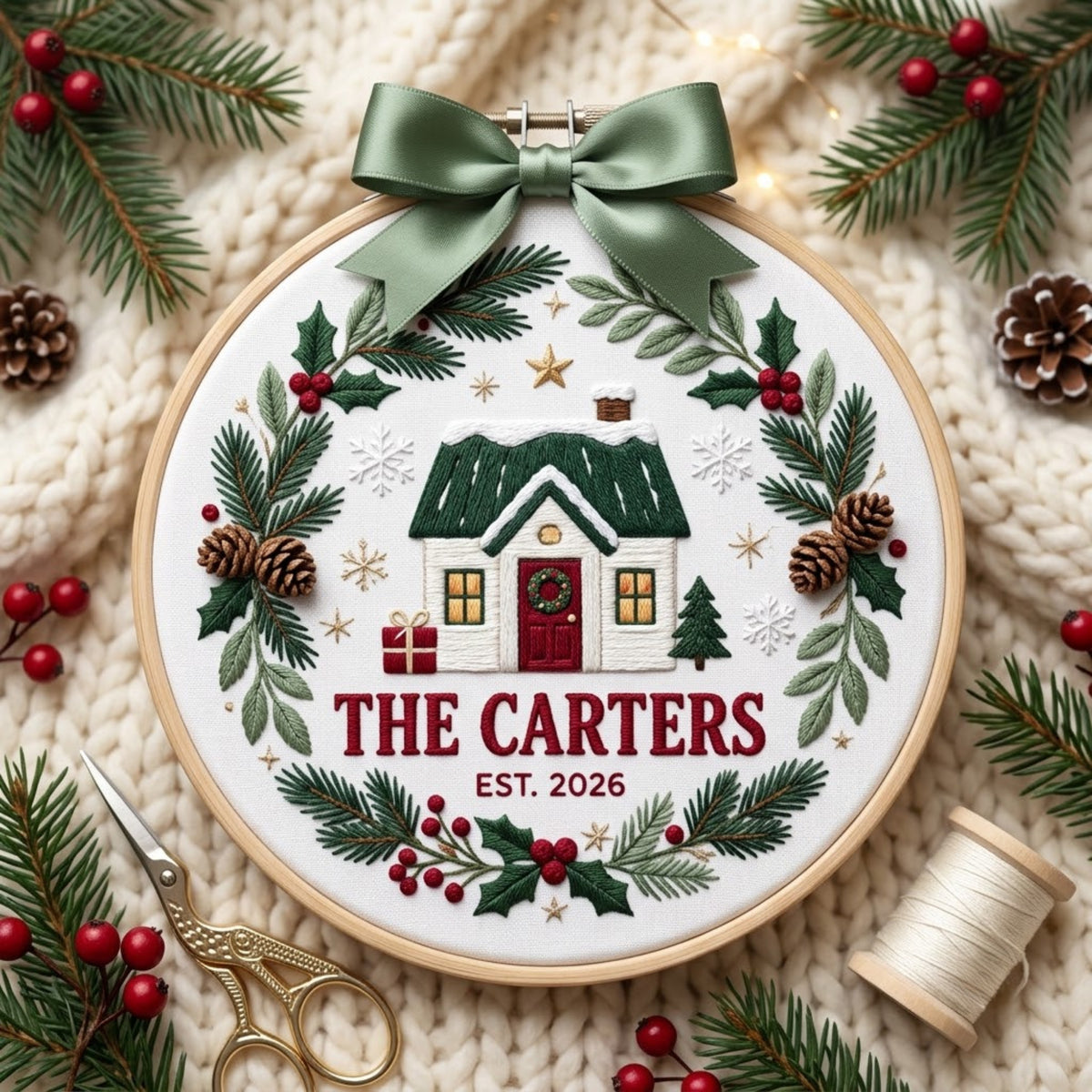 Personalized Family Name Christmas House Wreath Holly Snowflake Embroidered Ornament — Christmas ornament