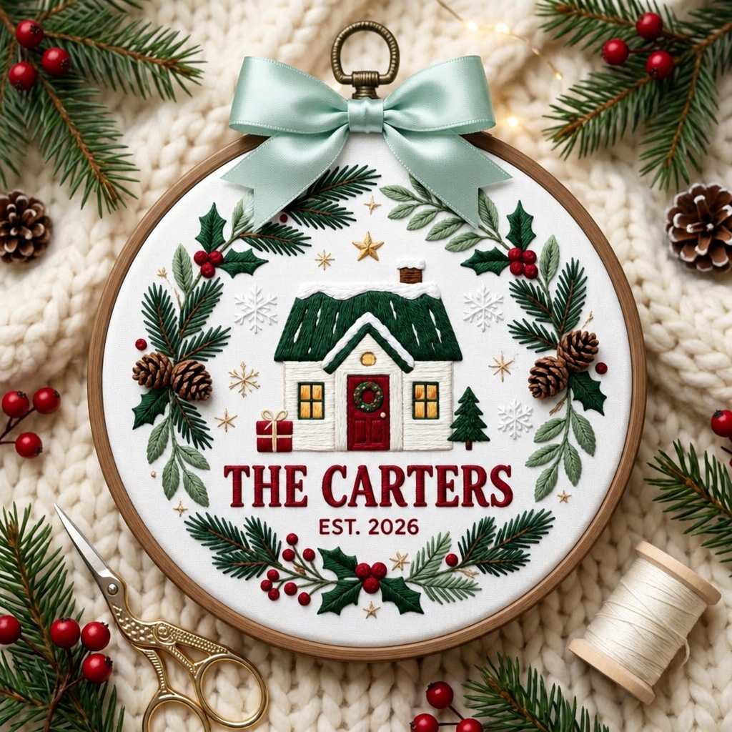Personalized Family Name Christmas House Wreath Holly Snowflake Embroidered Ornament