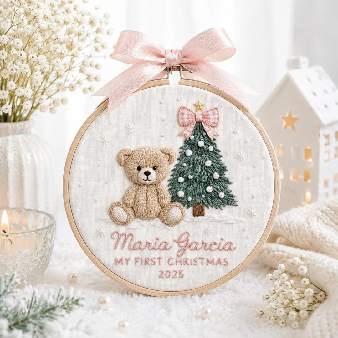 Personalized My First Christmas Teddy Bear Pink Bow Christmas Tree Snow 2025 Embroidered Ornament — Christmas ornament