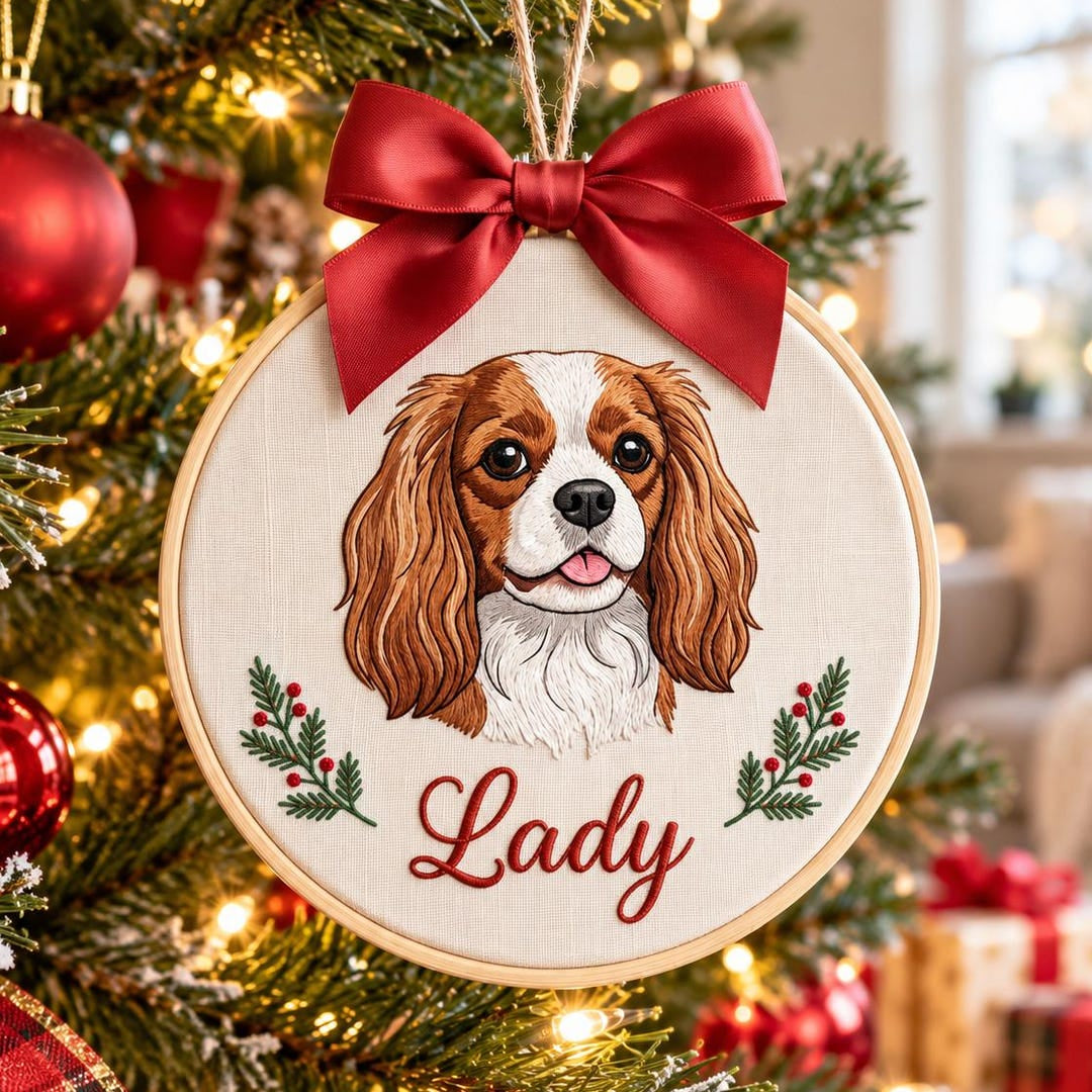 Personalized Cavalier King Charles Spaniel Christmas Holly Pet Portrait Name Embroidered Ornament — Christmas ornament
