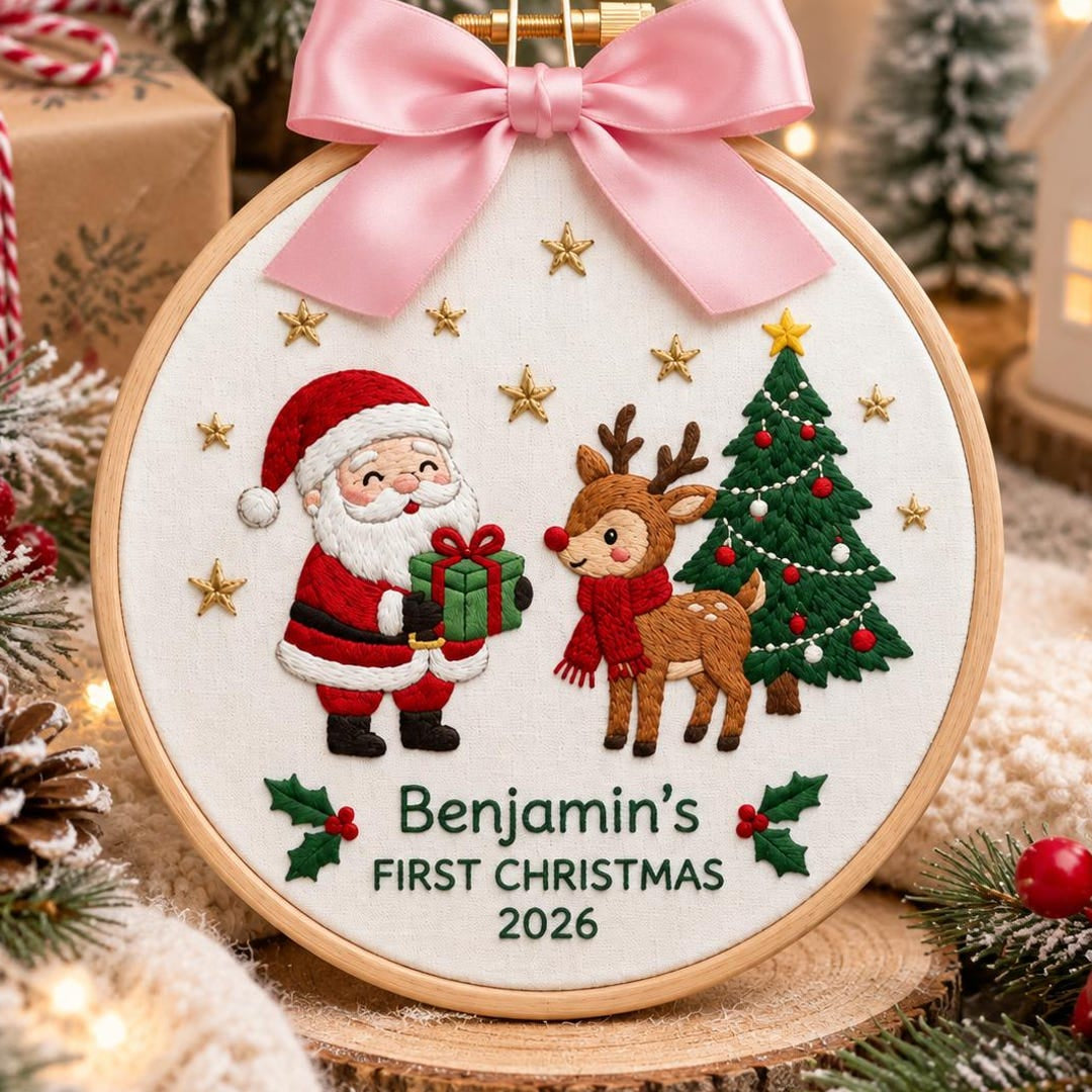 Personalized Baby First Christmas Santa Reindeer Christmas Tree Holly Stars Hoop Embroidered Ornament — Christmas ornament