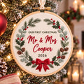 Personalized Our First Christmas Mr & Mrs Custom Last Name Botanical Wreath Bow Embroidered Ornament — Christmas ornament