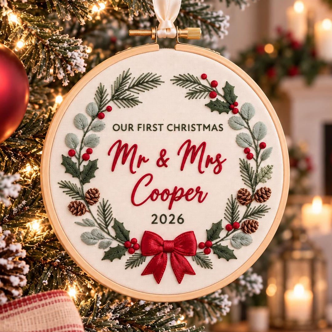 Personalized Our First Christmas Mr & Mrs Custom Last Name Botanical Wreath Bow Embroidered Ornament — Christmas ornament