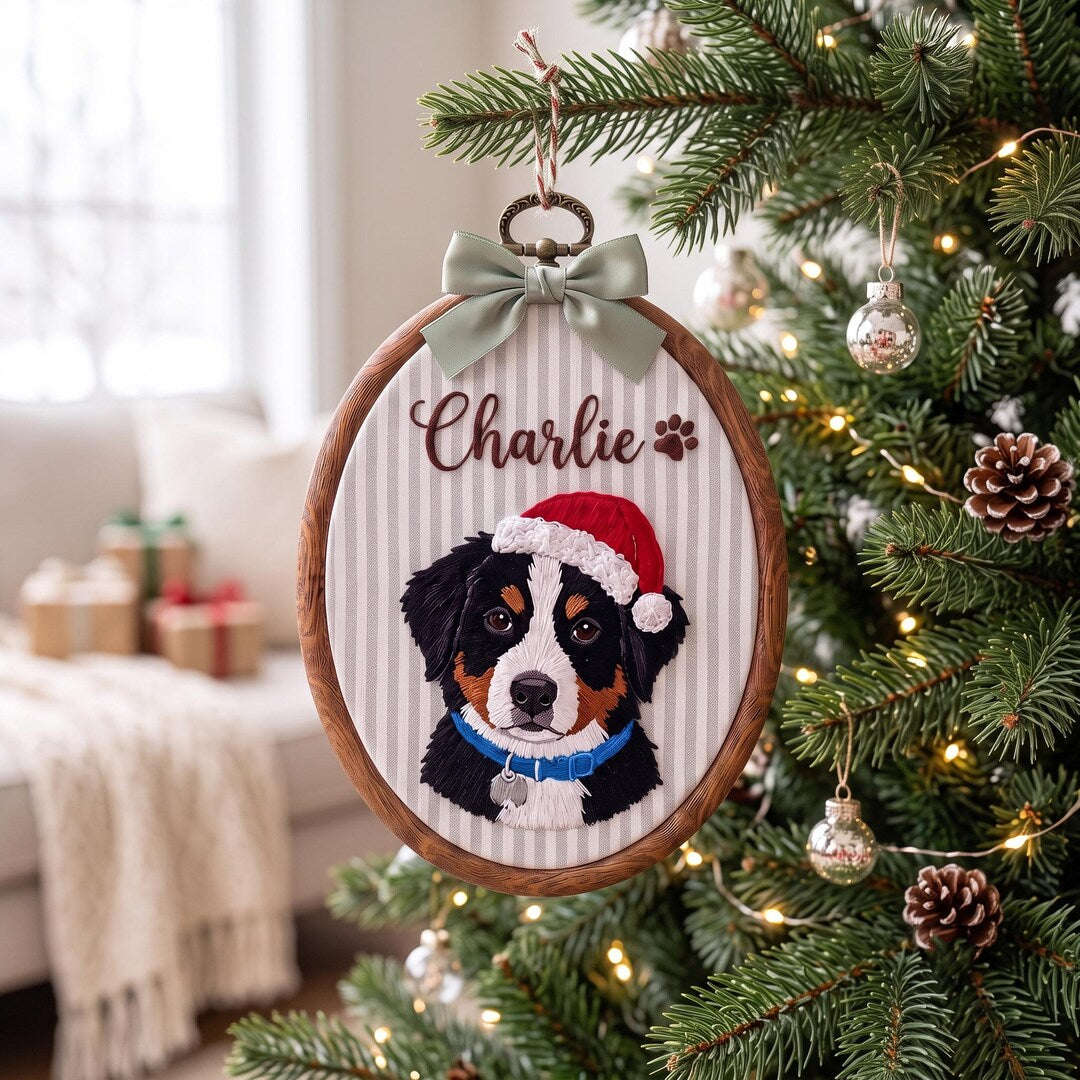 Personalized Custom Pet Portrait Bernese Mountain Dog Santa Hat Christmas Hoop Embroidered Ornament — Christmas ornament