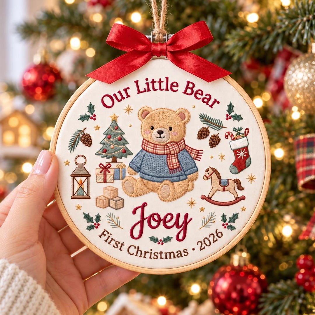 Personalized Our Little Bear Baby First Christmas Teddy Bear Lantern Rocking Horse Stocking Custom Name Year Embroidered Ornament Embroidere Embroidered Ornament — Christmas ornament