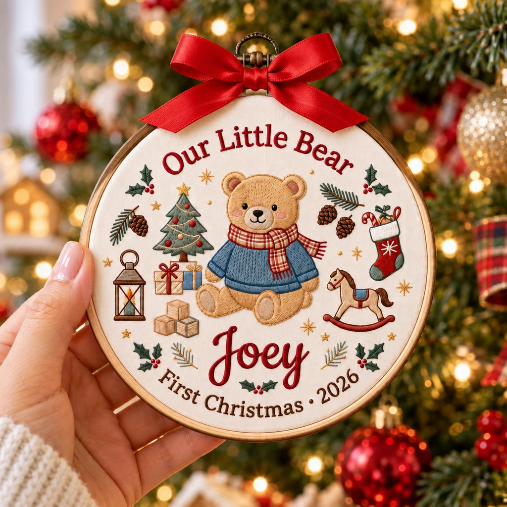 Personalized Our Little Bear Baby First Christmas Teddy Bear Lantern Rocking Horse Stocking Custom Name Year Embroidered Ornament