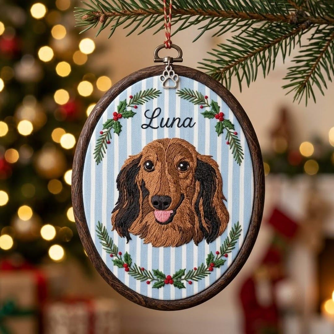 Personalized Dachshund Christmas Holly Berries Pet Portrait Name Embroidered Ornament — Christmas ornament