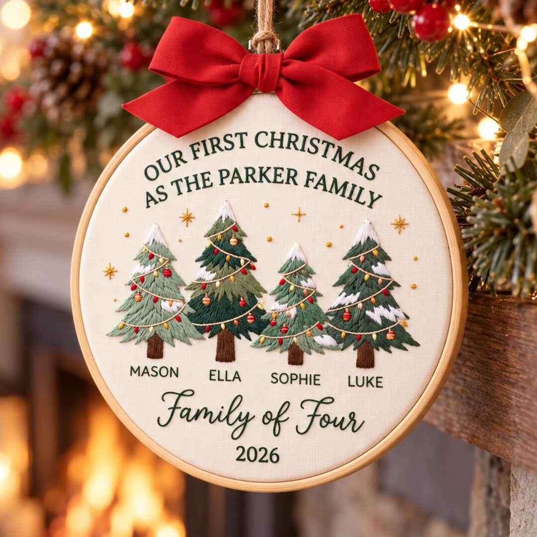 Personalized Our First Christmas Family of Four Christmas Trees Custom Names Year Embroidered Ornament — Christmas ornament