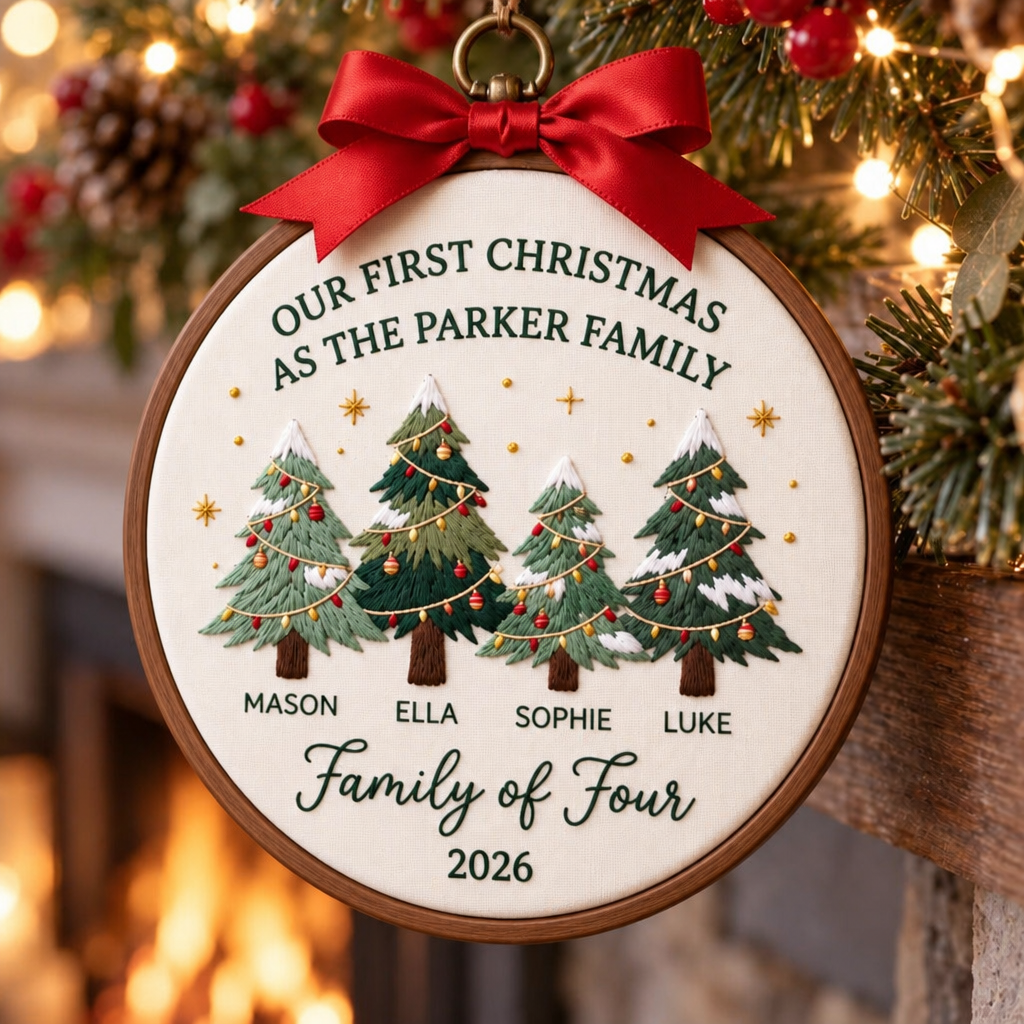 Personalized Our First Christmas Family of Four Christmas Trees Custom Names Year Embroidered Ornament