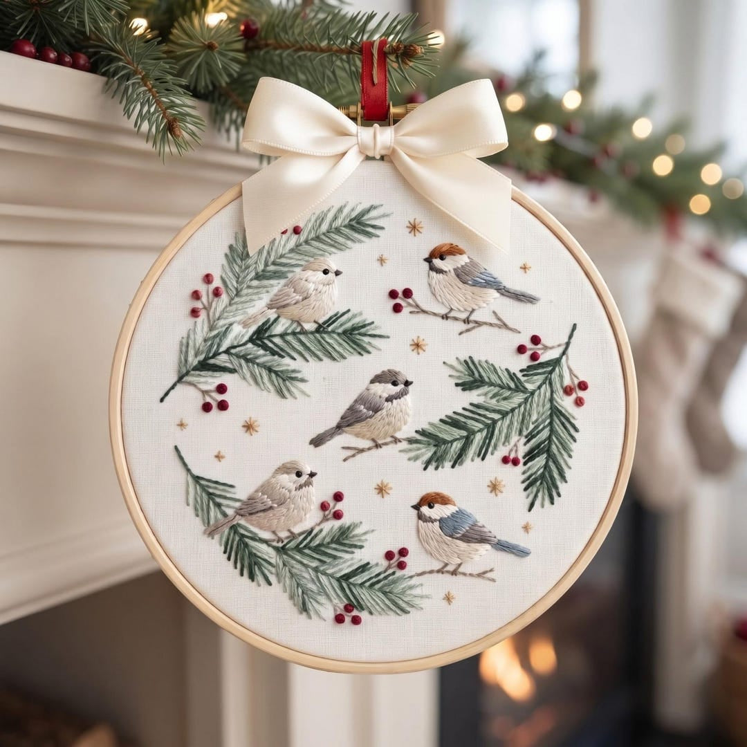 Personalized Winter Birds Pine Branches Holly Berries Christmas Embroidered Ornament — Christmas ornament