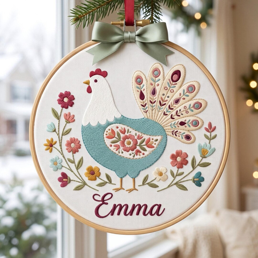 Personalized Folk Art Hen Floral Fan Tail Christmas Embroidered Ornament — Christmas ornament