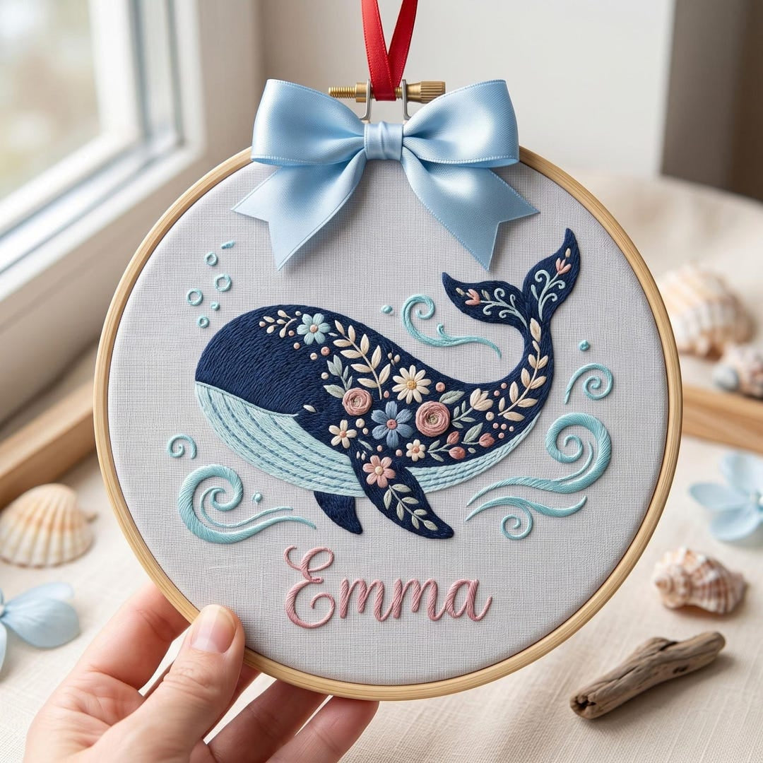 Personalized Floral Whale Ocean Embroidered Ornament — Christmas ornament