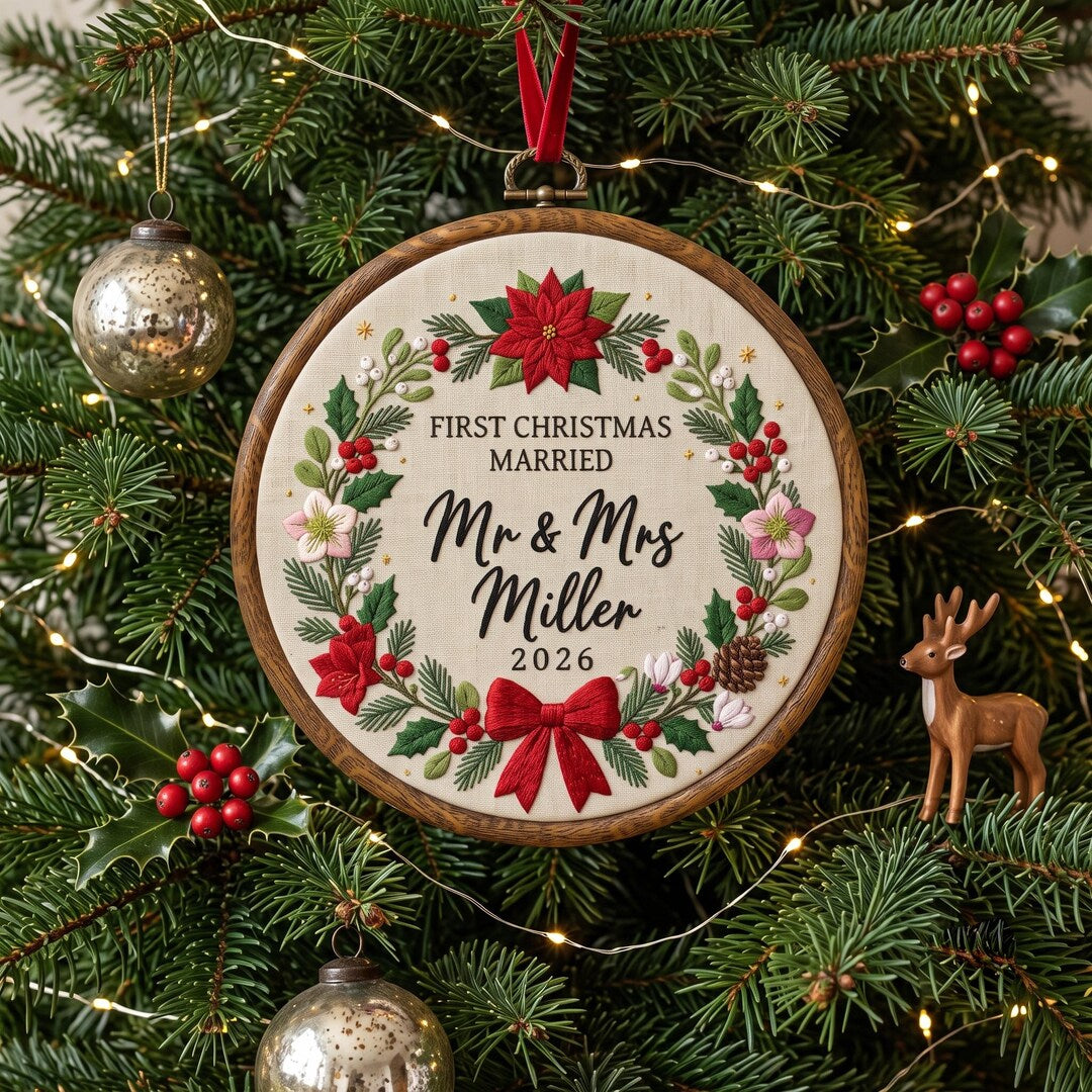 Personalized First Christmas Married Mr & Mrs Last Name Year Poinsettia Wreath Embroidered Ornament — Christmas ornament