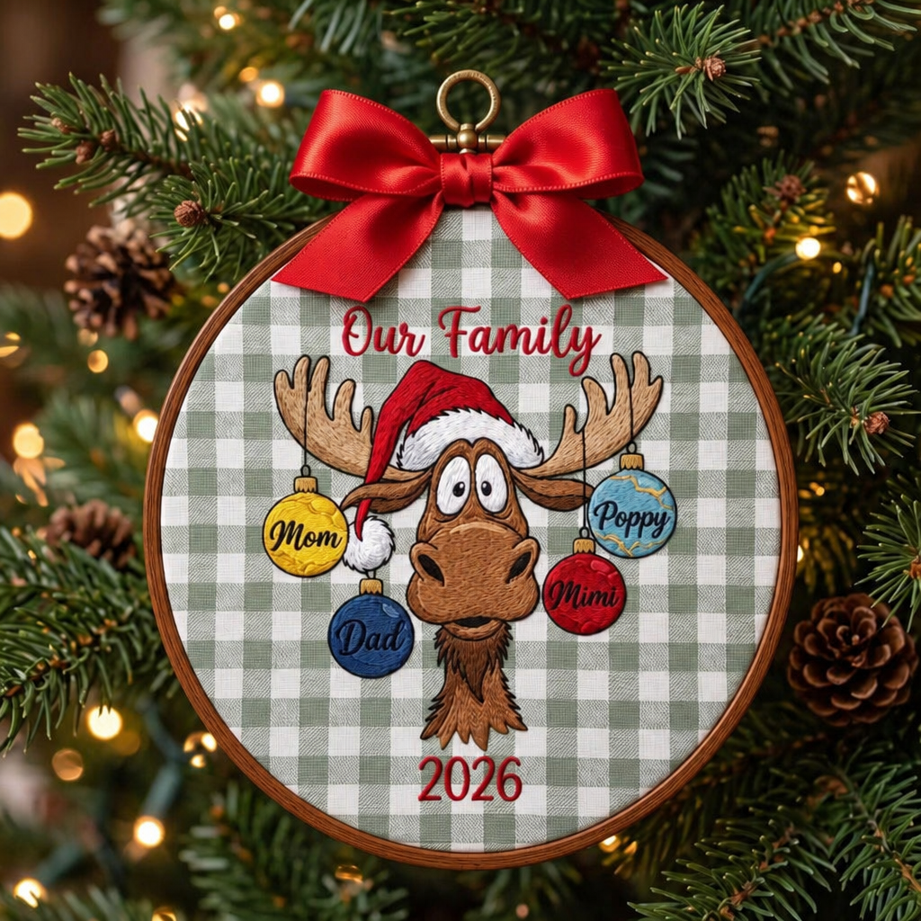 Personalized Family Moose Santa Hat Christmas Embroidered Ornament