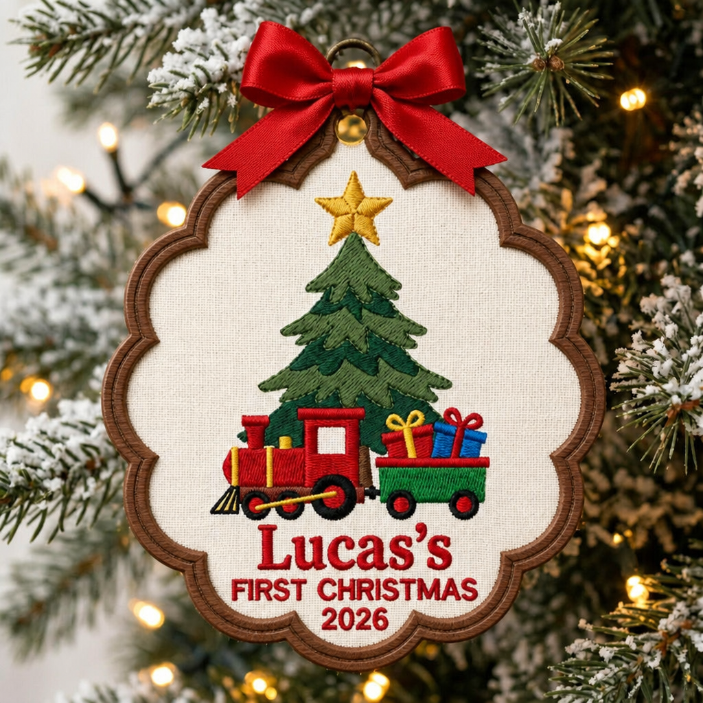 Personalized Baby's First Christmas Train Christmas Tree Star Gifts Custom Name Year Embroidered Ornament