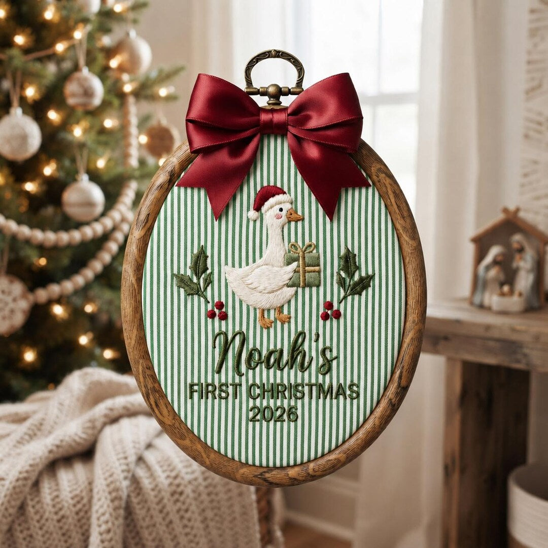 Personalized Baby's First Christmas Goose Santa Hat Holly Embroidered Ornament — Christmas ornament