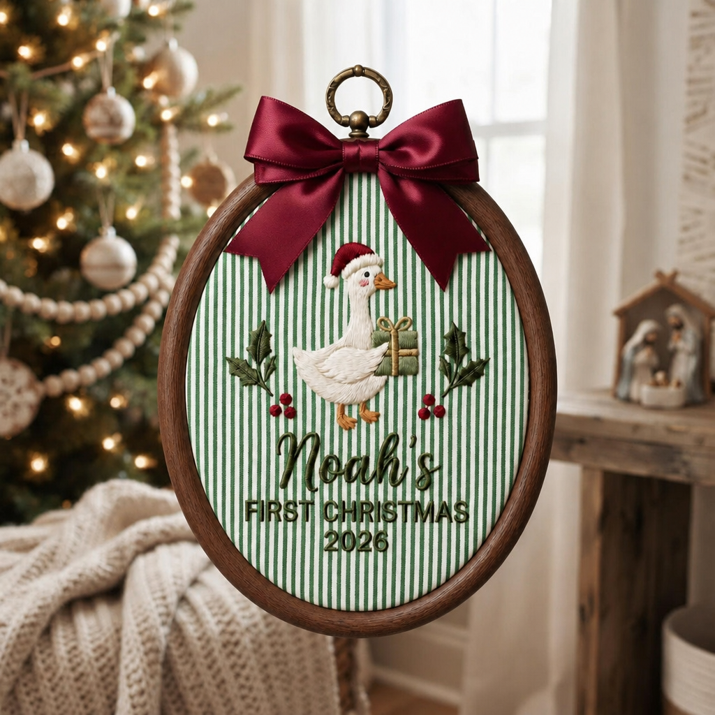Personalized Baby's First Christmas Goose Santa Hat Holly Embroidered Ornament