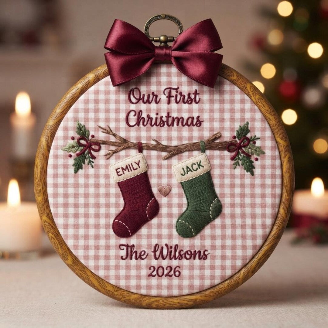 Personalized Our First Christmas Couple Stockings Branch Holly Family Name Year Embroidered Ornament — Christmas ornament