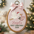 Personalized Baby Girl First Christmas Stork Newborn Coquette Pink Embroidered Ornament — Christmas ornament