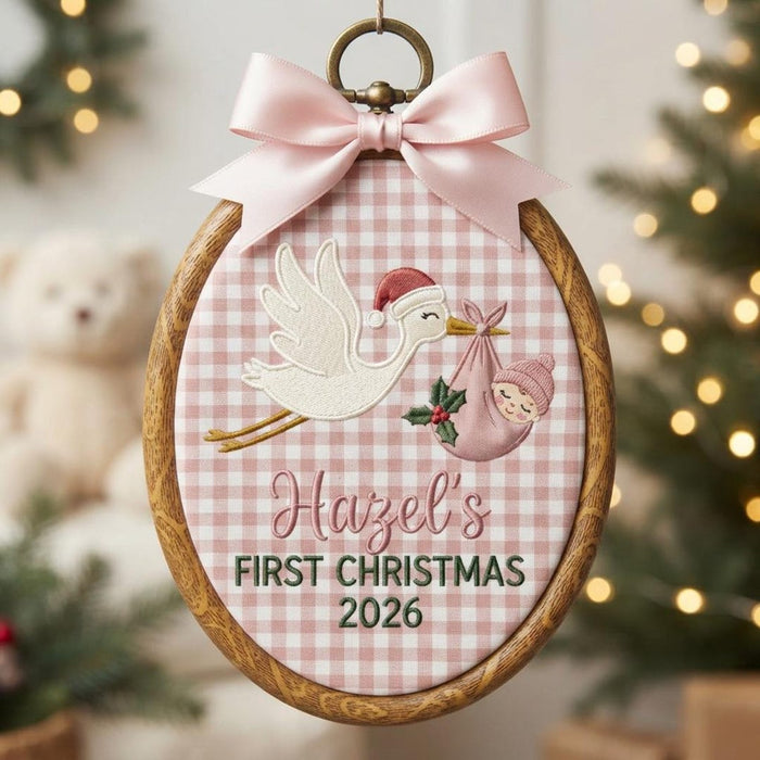 Personalized Baby Girl First Christmas Stork Newborn Coquette Pink Embroidered Ornament