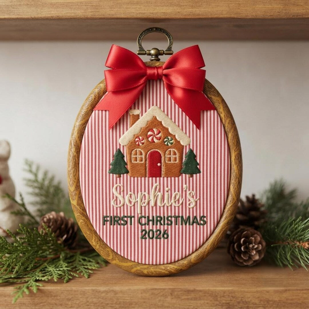 Personalized Baby First Christmas Gingerbread House Embroidered Ornament — Christmas ornament