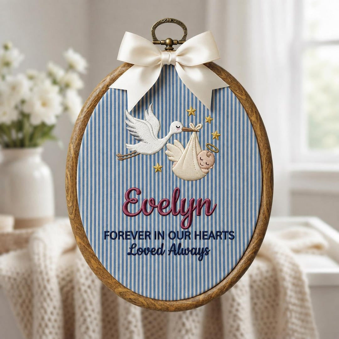 Personalized Angel Baby Stork Memorial Keepsake Forever In Our Hearts Embroidered Ornament — Christmas ornament