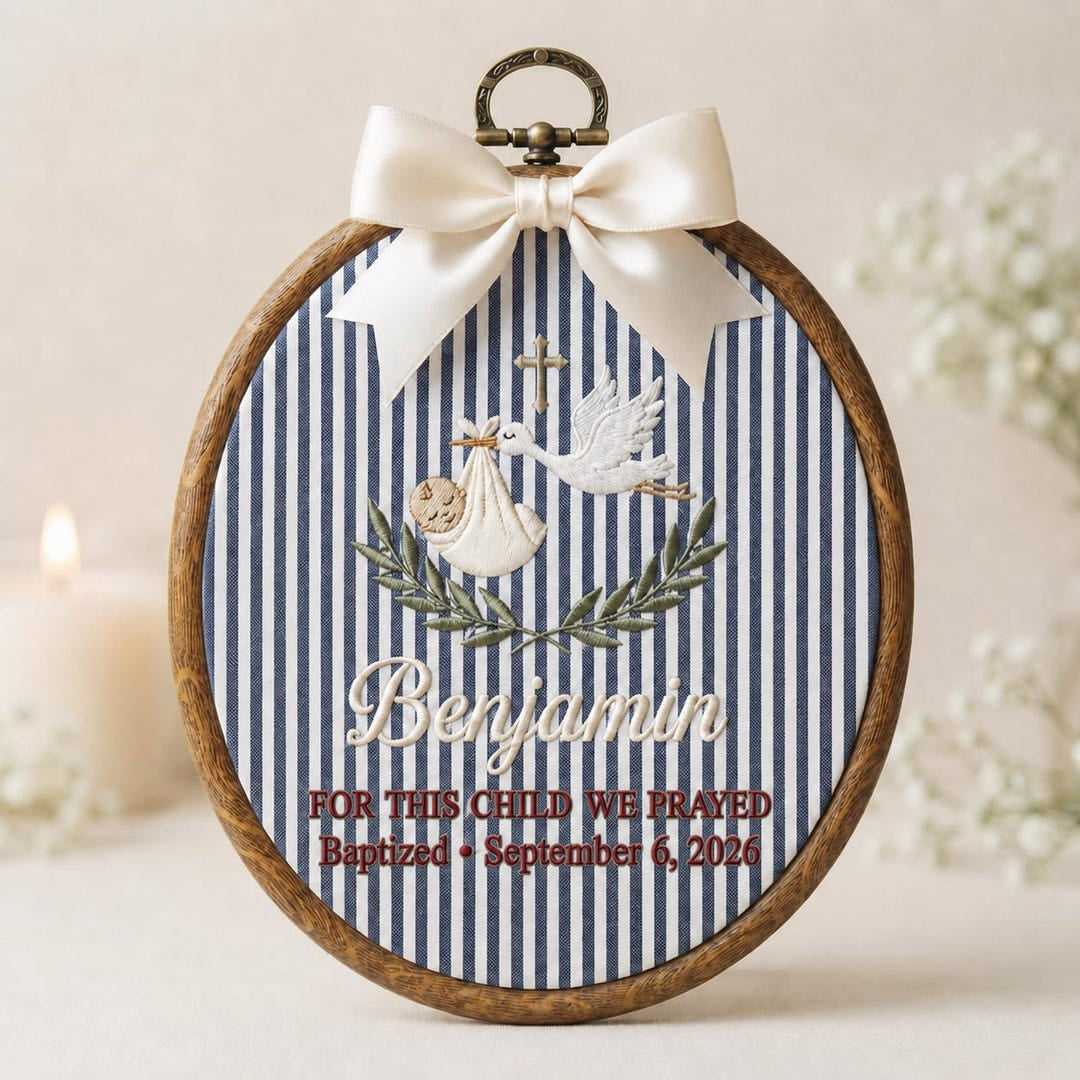 Personalized Baptism Stork Baby Cross Olive Branch For This Child We Prayed Embroidered Ornament — Christmas ornament