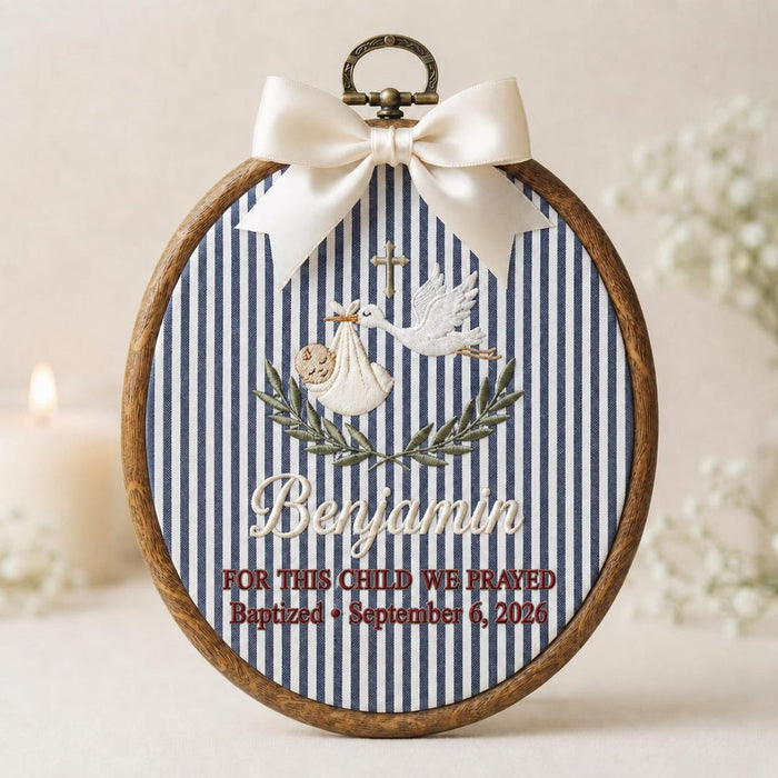 Personalized Baptism Stork Baby Cross Olive Branch For This Child We Prayed Embroidered Ornament