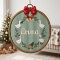 Personalized Christmas Goose Wreath Bells Family Name Hoop Embroidered Ornament — Christmas ornament