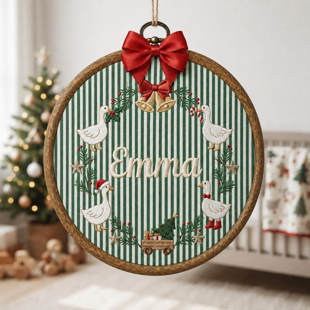 Personalized Christmas Goose Wreath Bells Family Name Hoop Embroidered Ornament — Christmas ornament