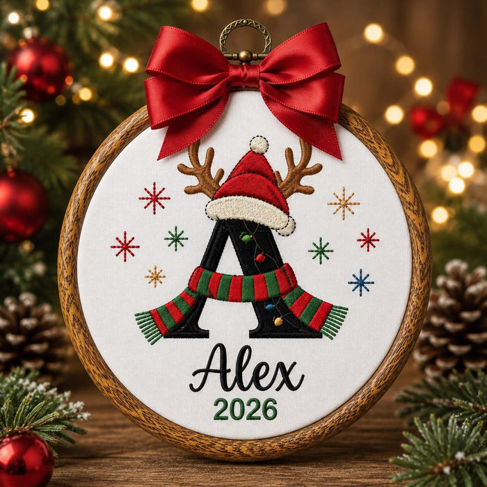 Personalized Christmas Initial Letter Reindeer Santa Hat Scarf Name Year Embroidered Ornament