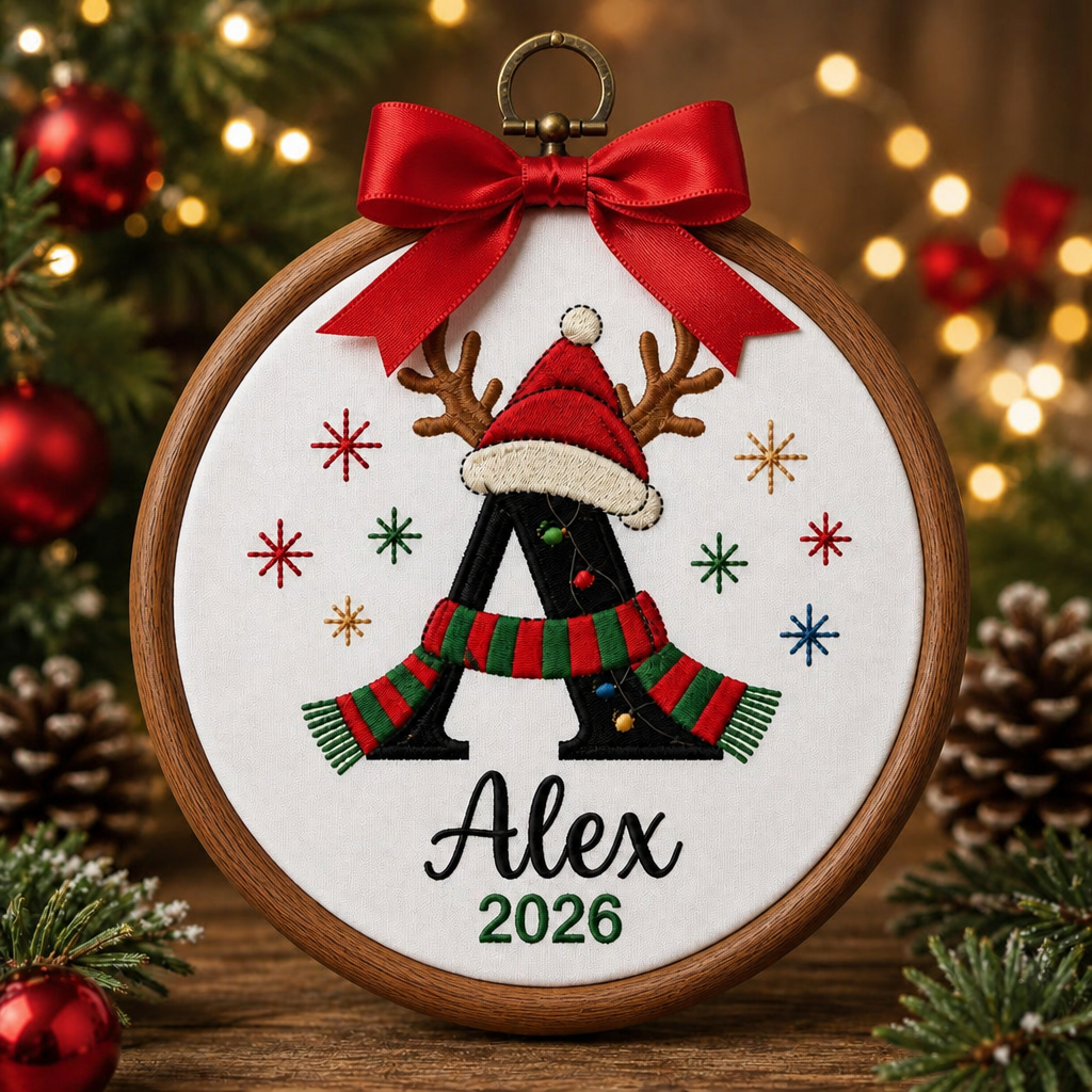 Personalized Christmas Initial Letter Reindeer Santa Hat Scarf Name Year Embroidered Ornament