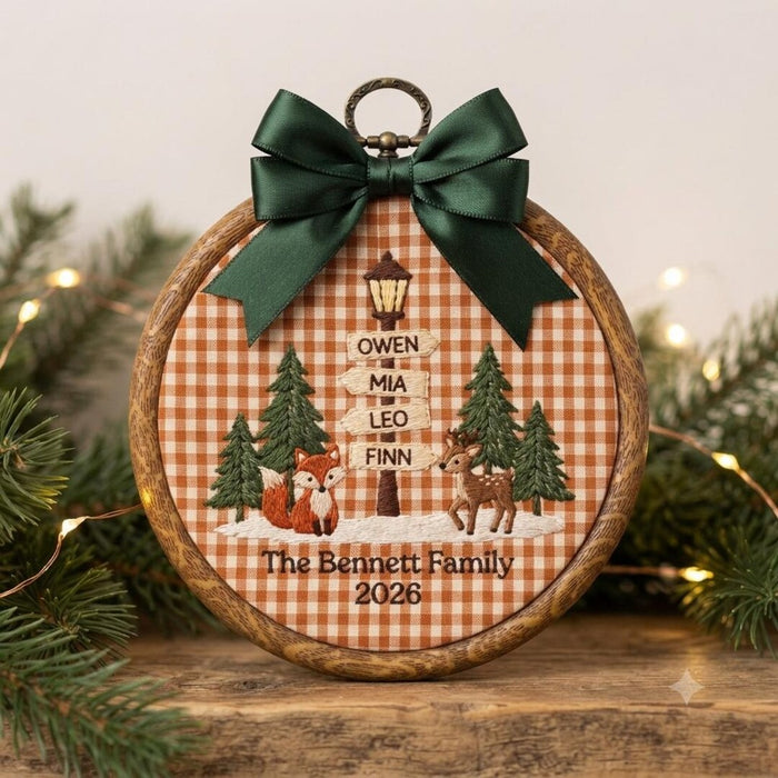 Personalized Woodland Fox Deer Family Name Sign Christmas Hoop Embroidered Ornament