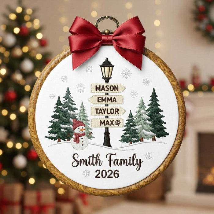 Personalized Family Name Signpost Snowman Christmas Trees 2026 Embroidered Ornament