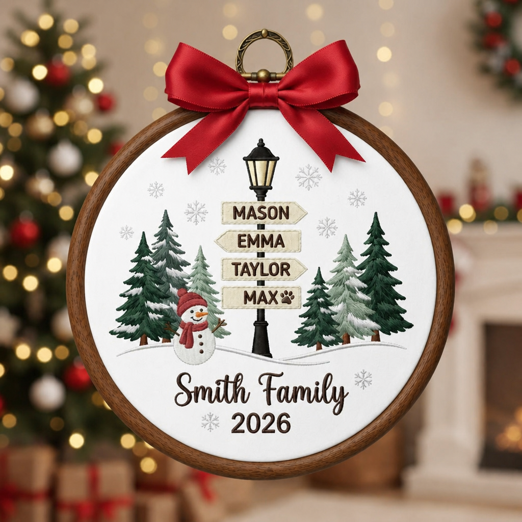Personalized Family Name Signpost Snowman Christmas Trees 2026 Embroidered Ornament